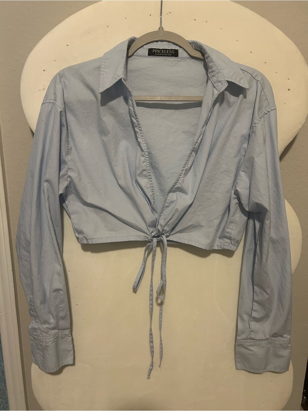 Priceless Light Blue Tie-Front Cropped Blouse